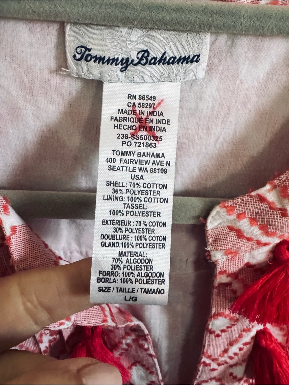 Tommy Bahama Red and White Printed Tassel Tunic Dress fully lined - Picture 3 of 10